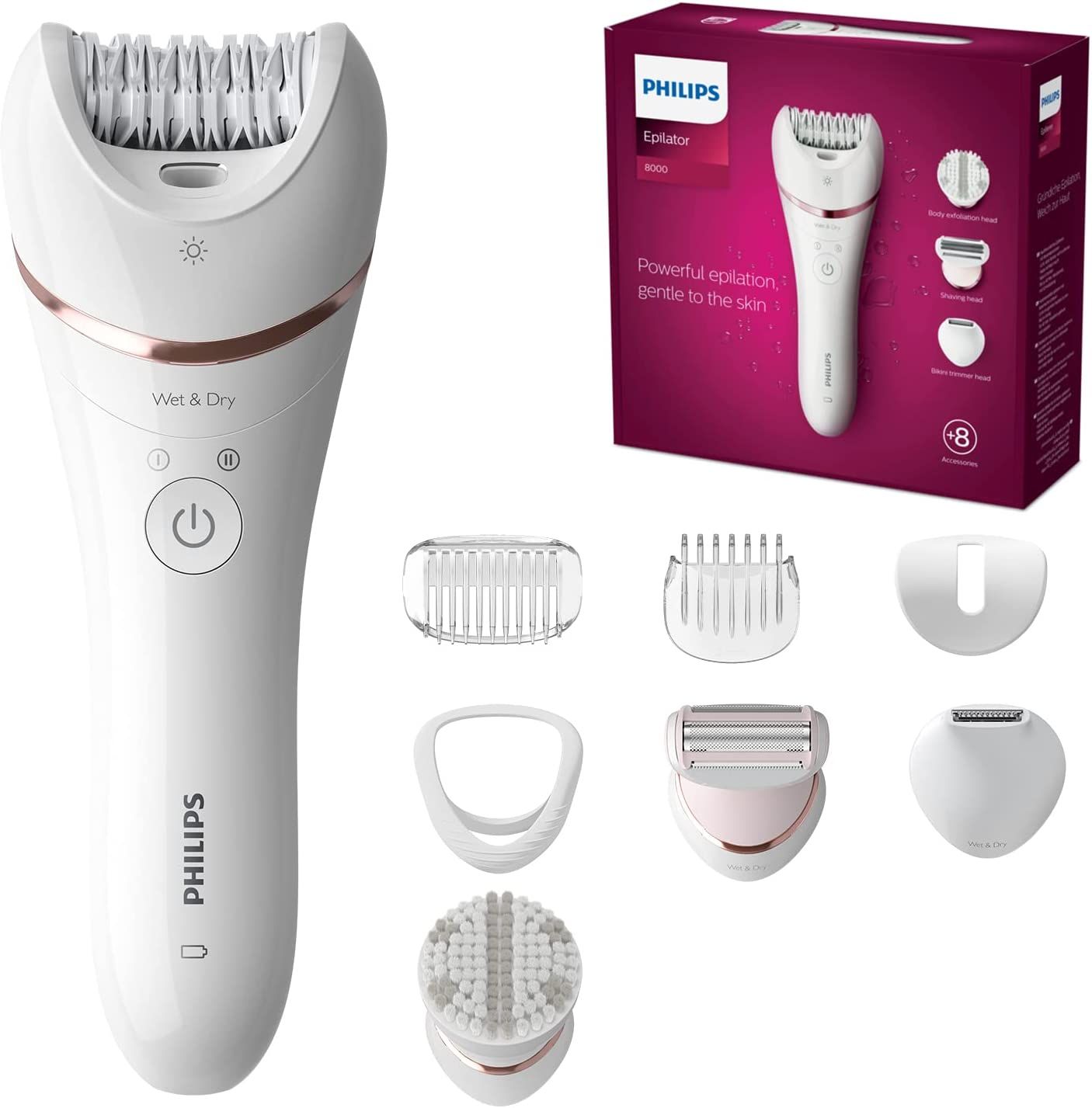 Épilateur blanc avec accessoires et emballage. Inscription Philips, Series 8000, Wet & Dry. 8 accessoires inclus.