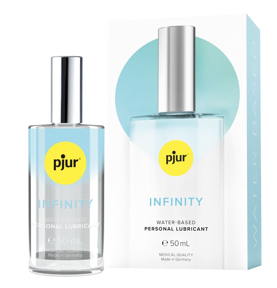 Flacon en verre transparent avec bouchon argenté. Inscriptions: pjur, INFINITY, à base d'eau, 50 ml. Emballage blanc.