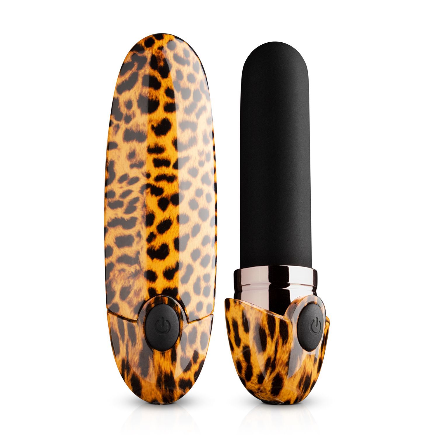 Vibrator met luipaardprint en zwarte kop. Bedieningsknoppen. Inclusief hoes.