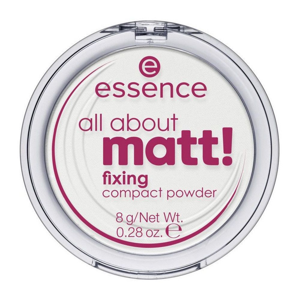 Poudre compacte ronde dans un boîtier transparent. Nom du produit : all about matt! fixing compact powder essence.