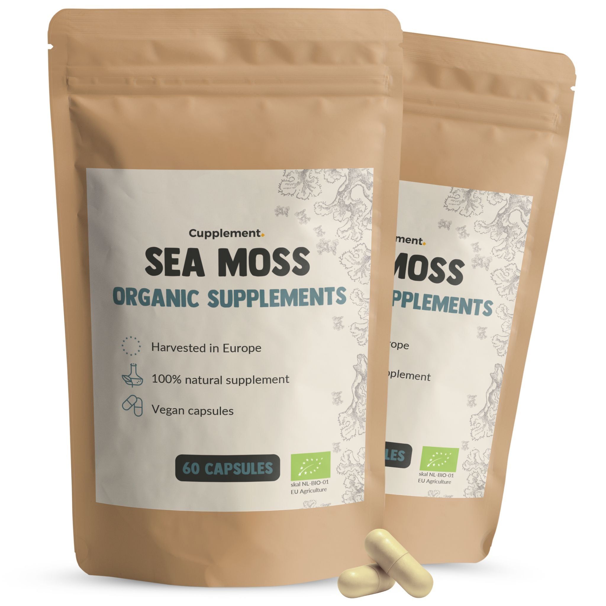 Deux sachets de Sea Moss Organic Supplements. 60 gélules. Végétalien. Certification bio UE. Emballage brun.