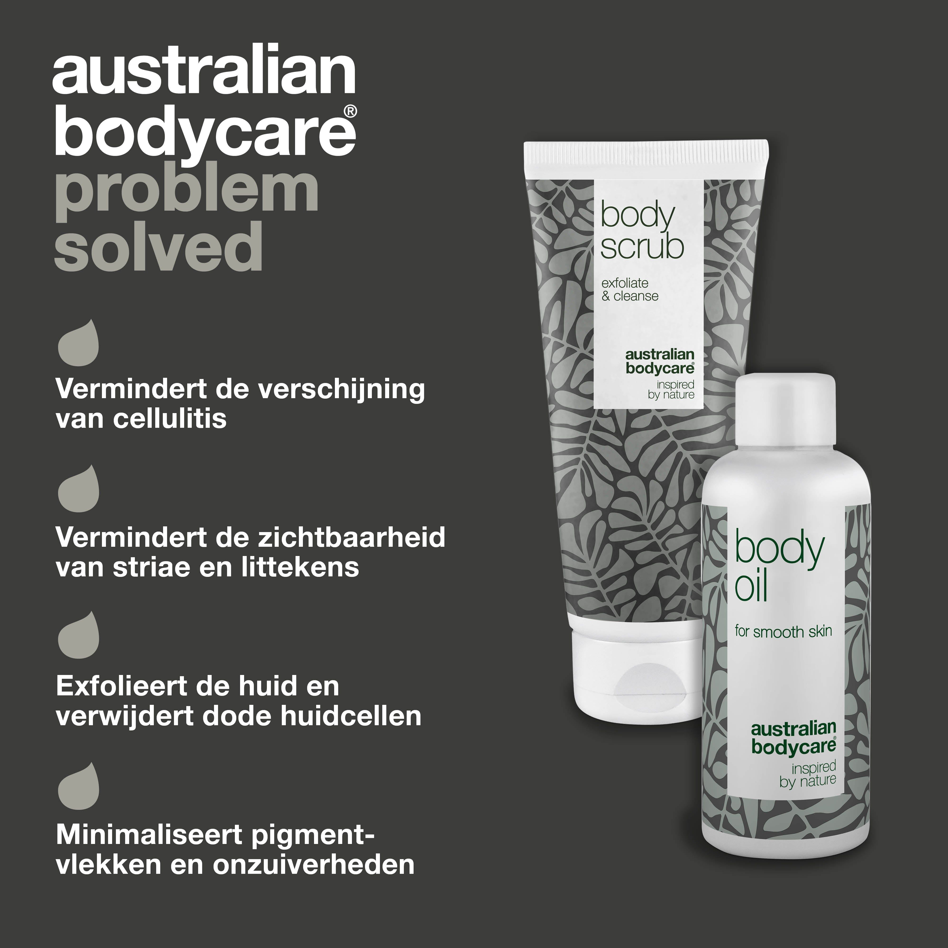 Body Scrub en Body Oil. Vermindert cellulite, striae en pigmentvlekken. Exfolieert de huid.