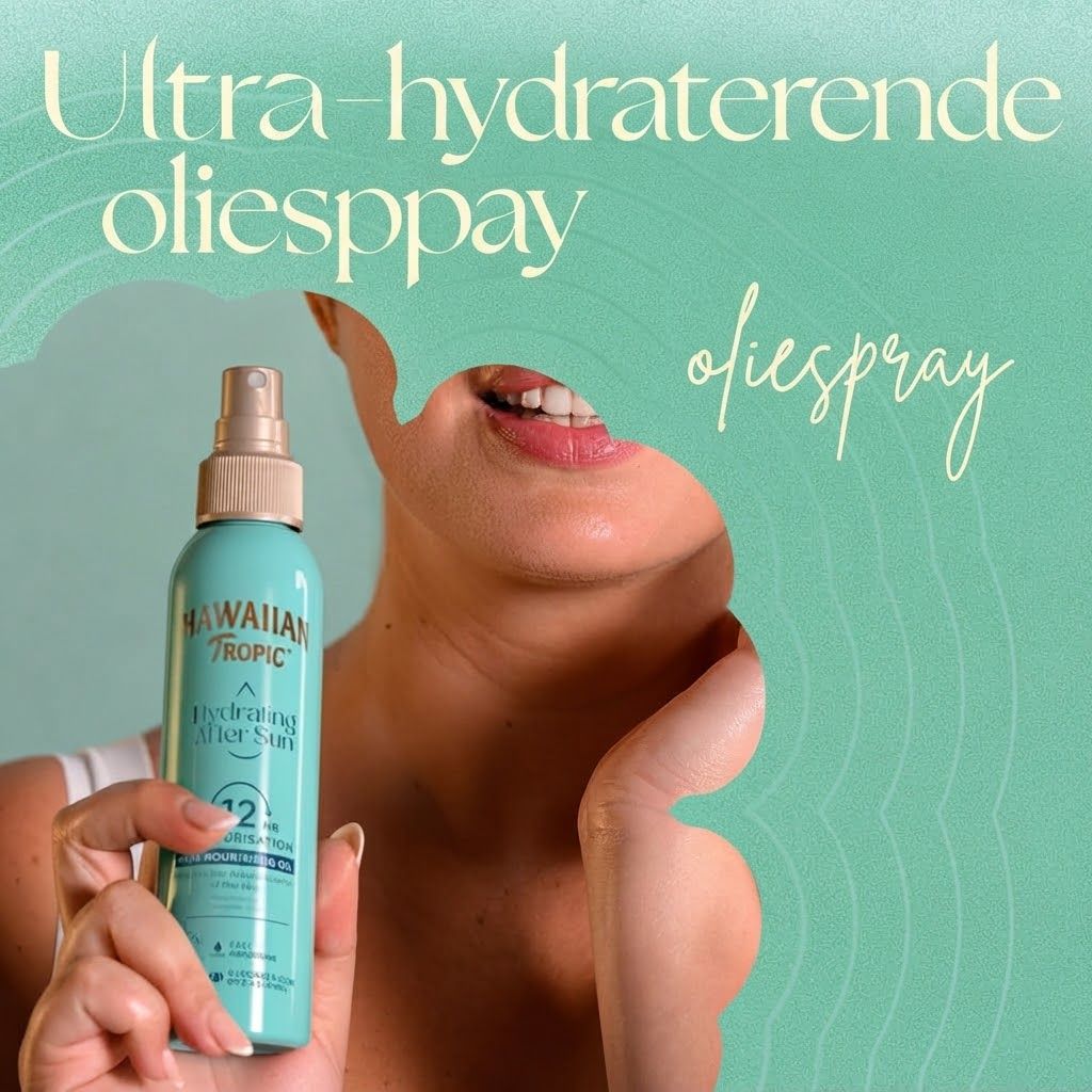 Turquoise sprayfles met Hawaiian Tropic logo en "Hydrating After Sun" opschrift.
