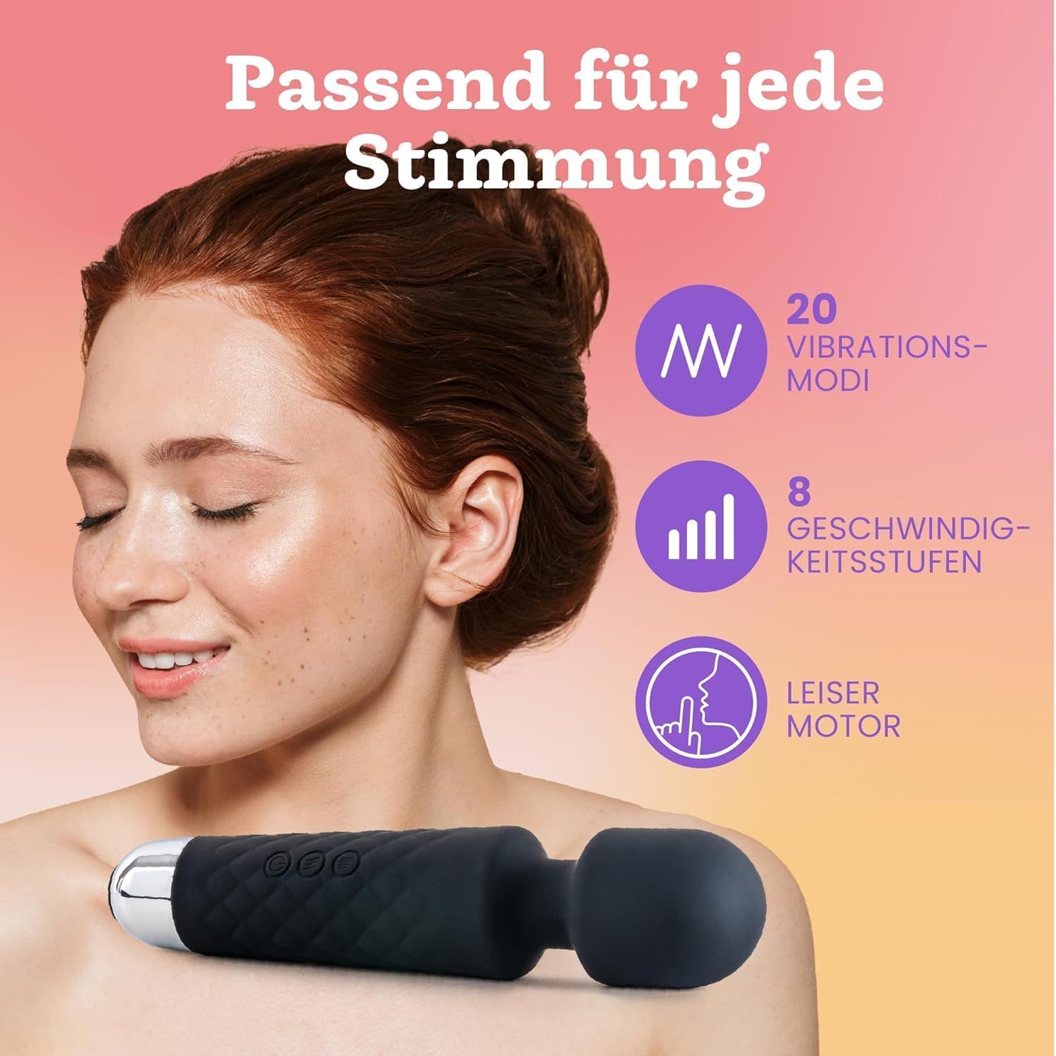 Zwarte vibrator met handvat met ruitpatroon. 20 vibratiemodi, 8 snelheden, stille motor.