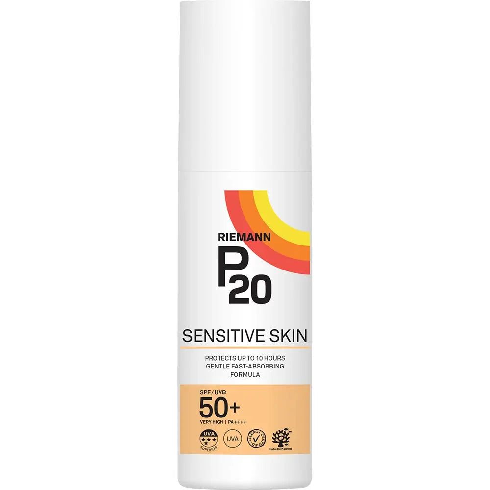 Flacon de crème solaire RIEMANN P20 Sensitive SPF 50+.