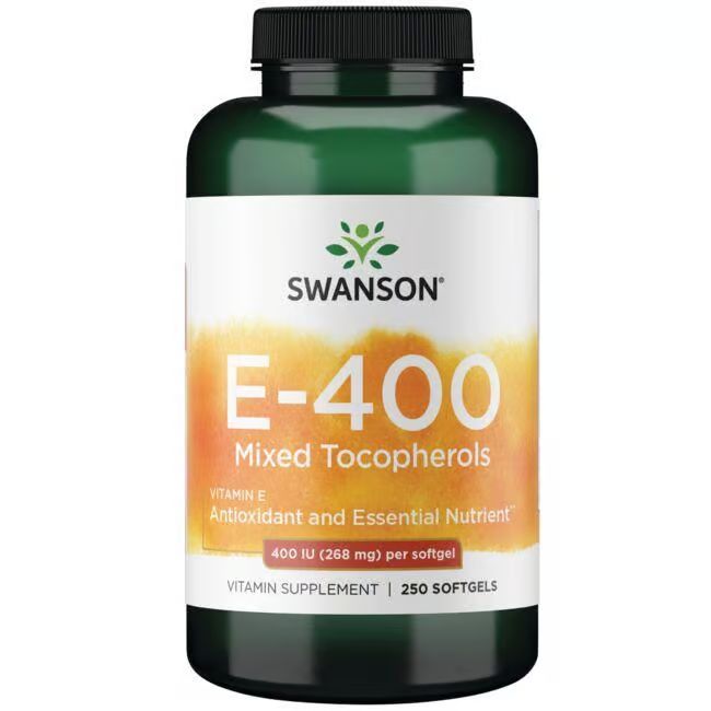 Groene fles met wit etiket. Opschrift: SWANSON E-400 Gemengde tocoferolen. Vitamine E, 250 softgels.