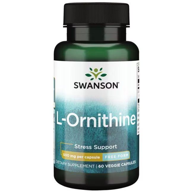 Groene fles met zwarte dop. Opschrift: SWANSON L-Ornithine, 500 mg per capsule. 60 veggie capsules. Stress ondersteuning.