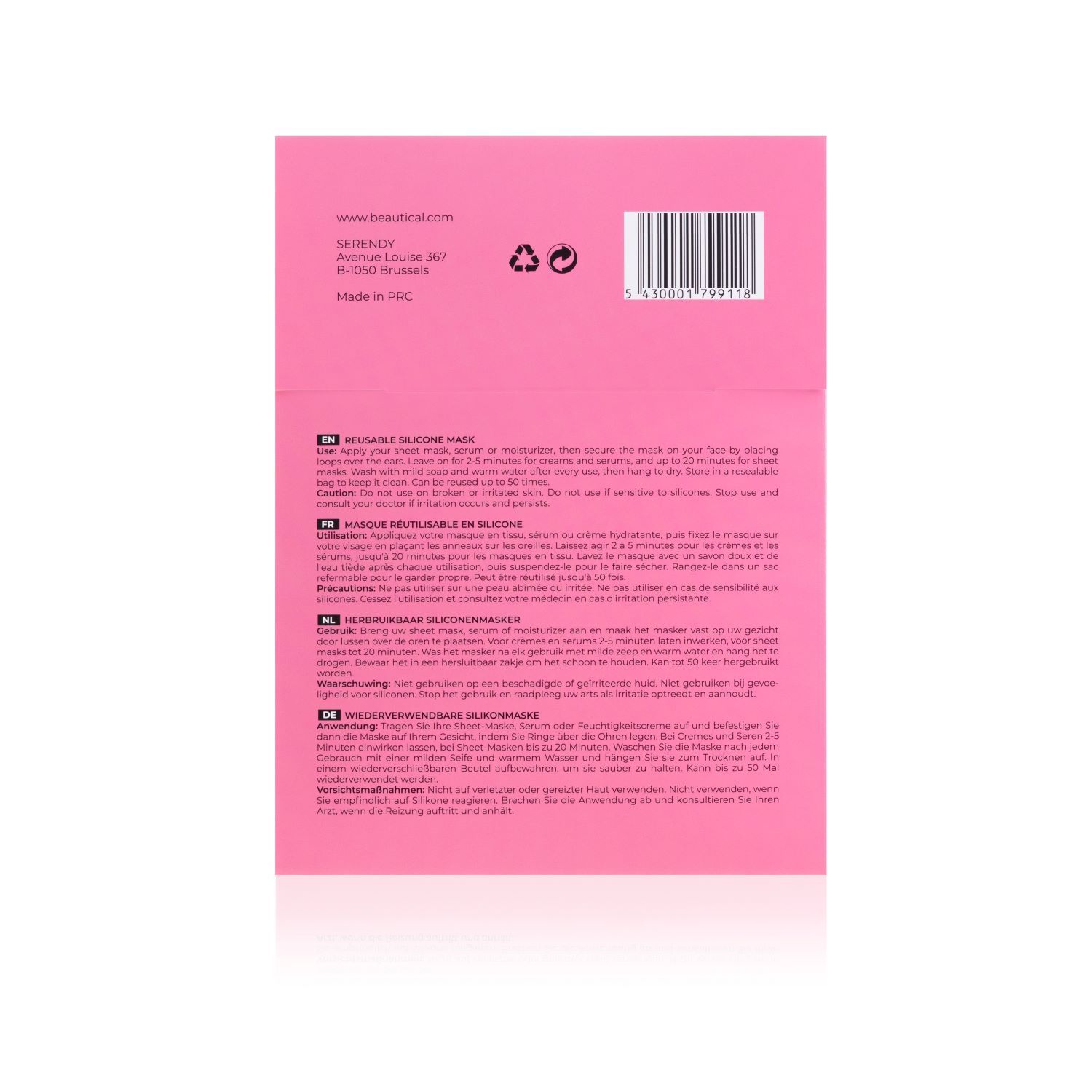 Achterkant van de roze verpakking. Tekst: REUSABLE SILICONE MASK. Meertalige gebruiksaanwijzing, barcode, logo.