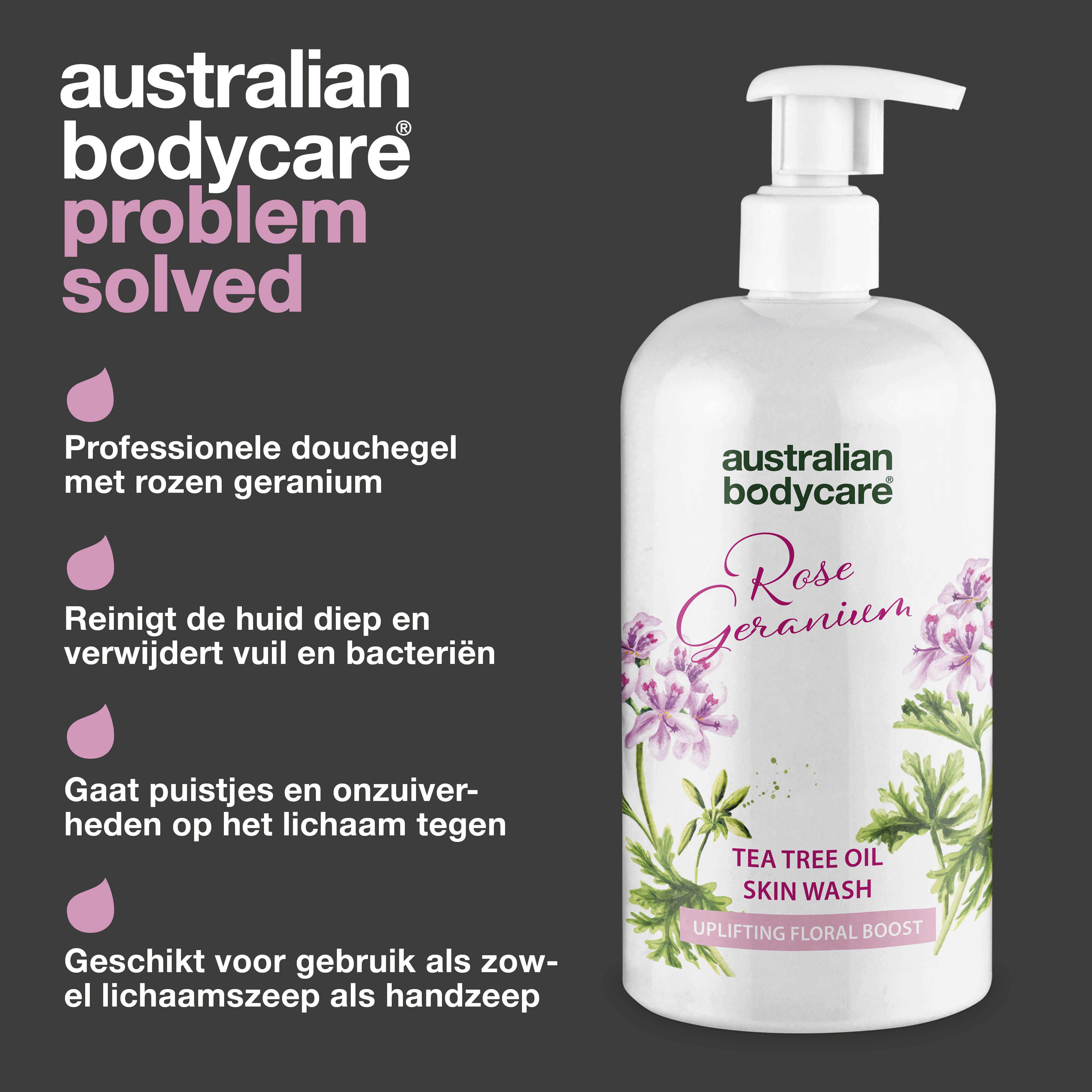 Productfles met pomp. Opschrift: Rose Geranium, Tea Tree Oil Skin Wash. Tekst: Probleem opgelost.