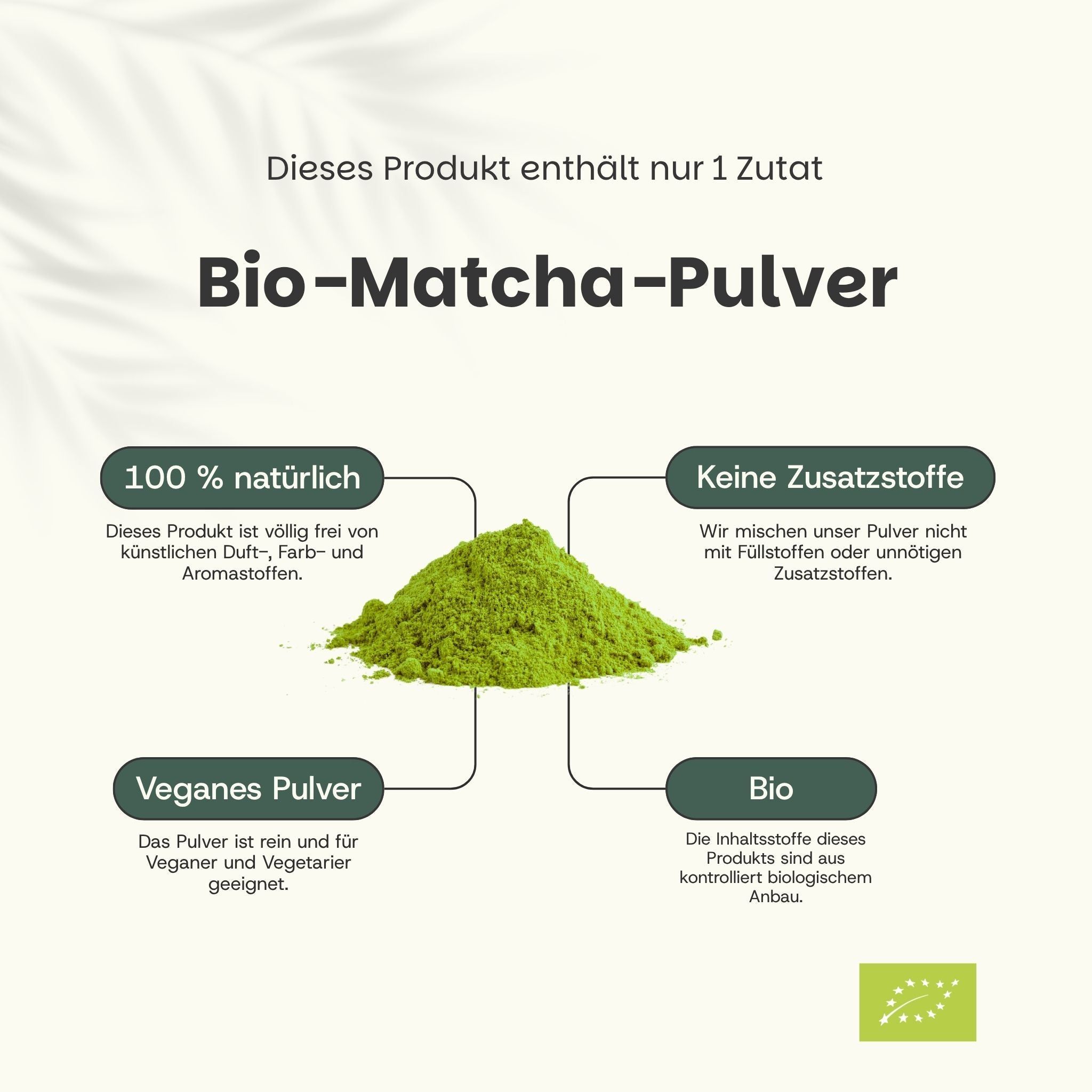 Tas de poudre de matcha bio verte, avec des zones de texte sur 100% naturel, sans additifs, poudre végétalienne et bio.