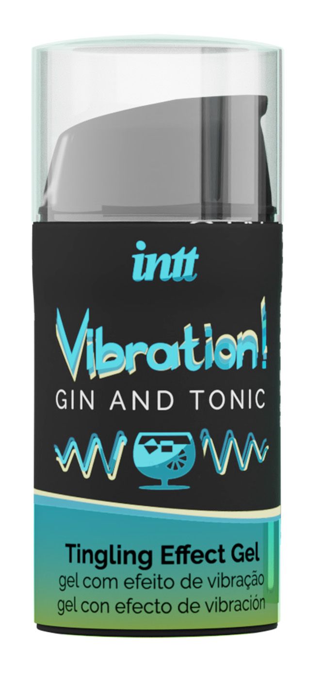 Flacon de gel avec étiquette noire. Inscription : Vibration! Gin & Tonic. Texte turquoise-vert. Couvercle transparent.