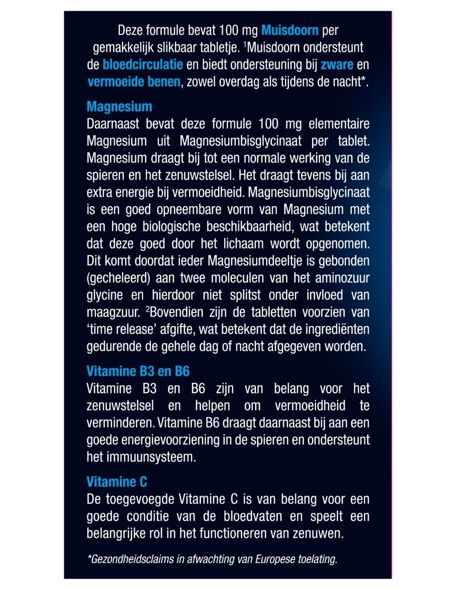 Tekstbeschrijving van Lucovitaal Magnesium. Legt ingrediënten uit zoals magnesium, vitamine B3, B6 en C. Beschrijft hun werking.
