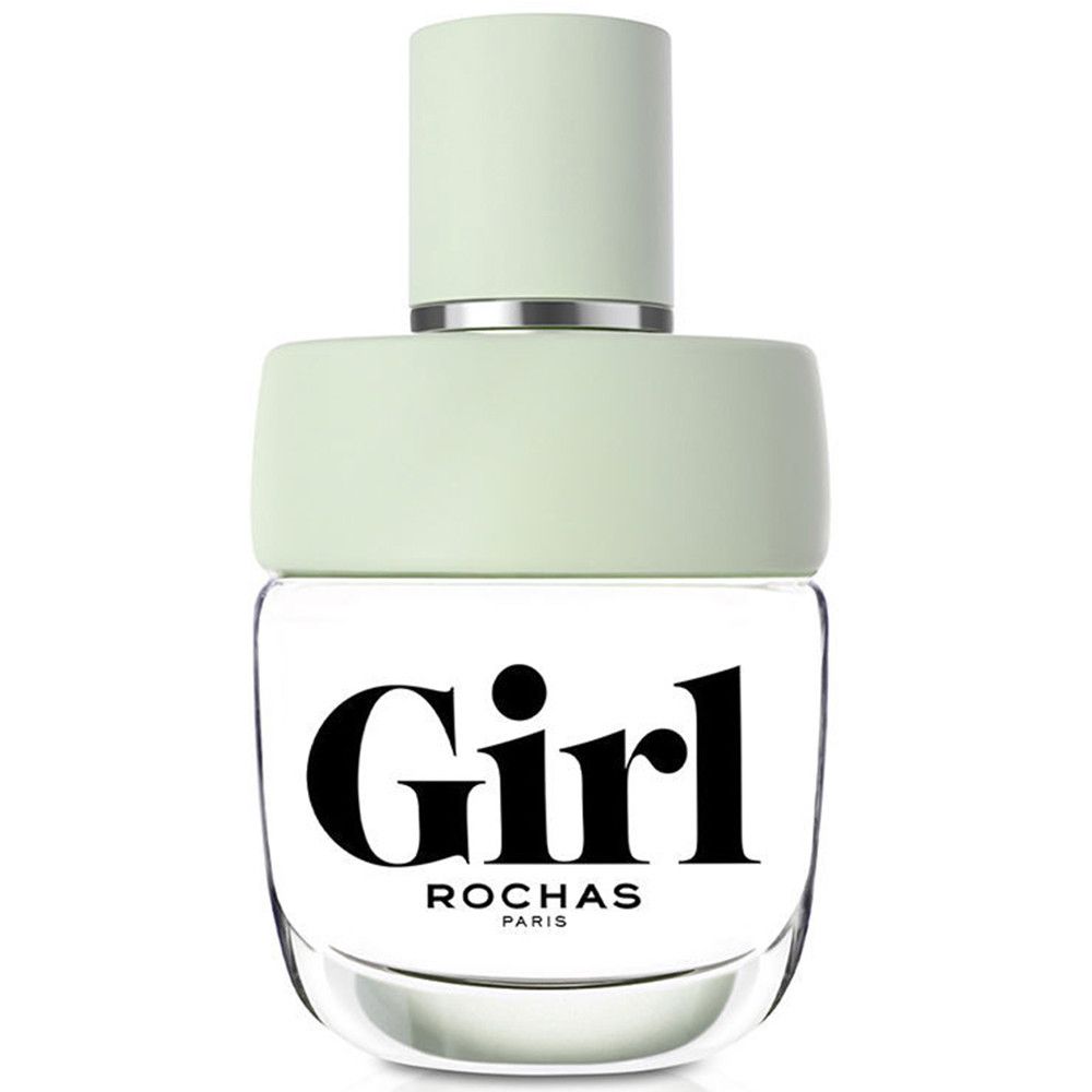Ronde flacon met lichtgroene dop. Opschrift "Girl" en "Rochas Paris".