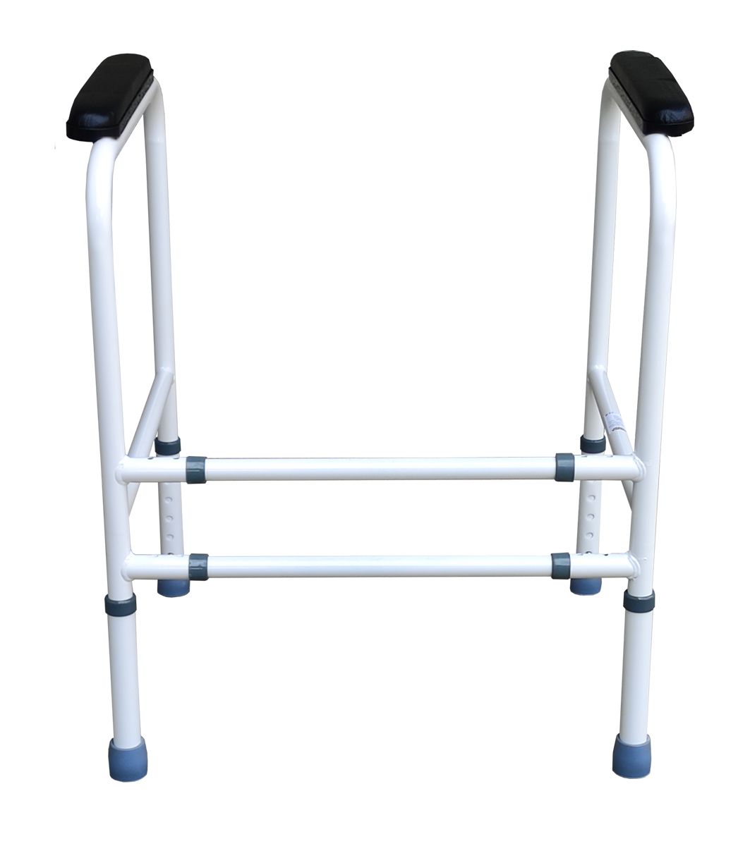 Toiletframe met armleuningen, wit metalen frame, zwarte armleuningen, vrijstaand.
