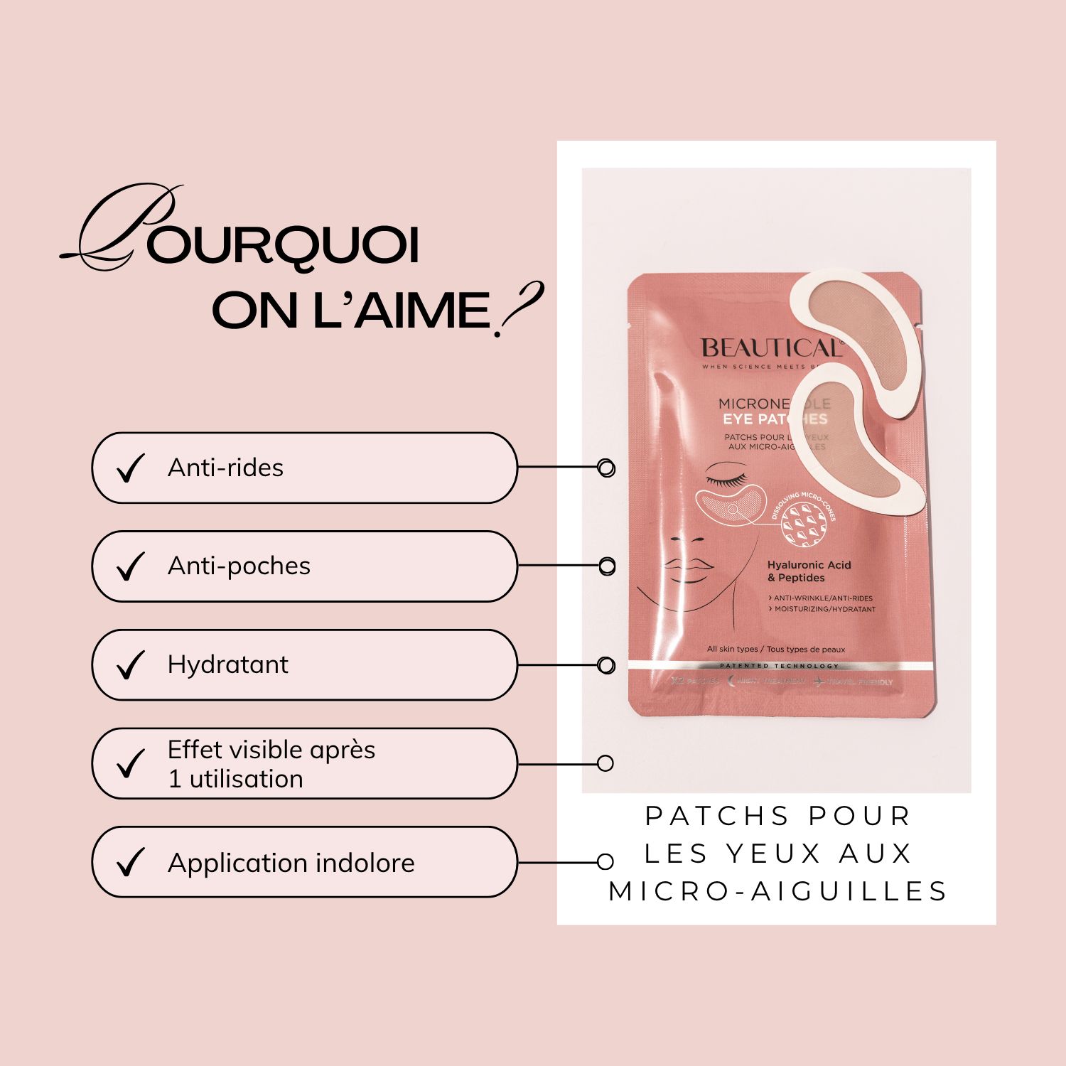 Emballage rose avec logo BEAUTICAL. Texte : Pourquoi on l'aime ? Anti-rides, anti-poches.