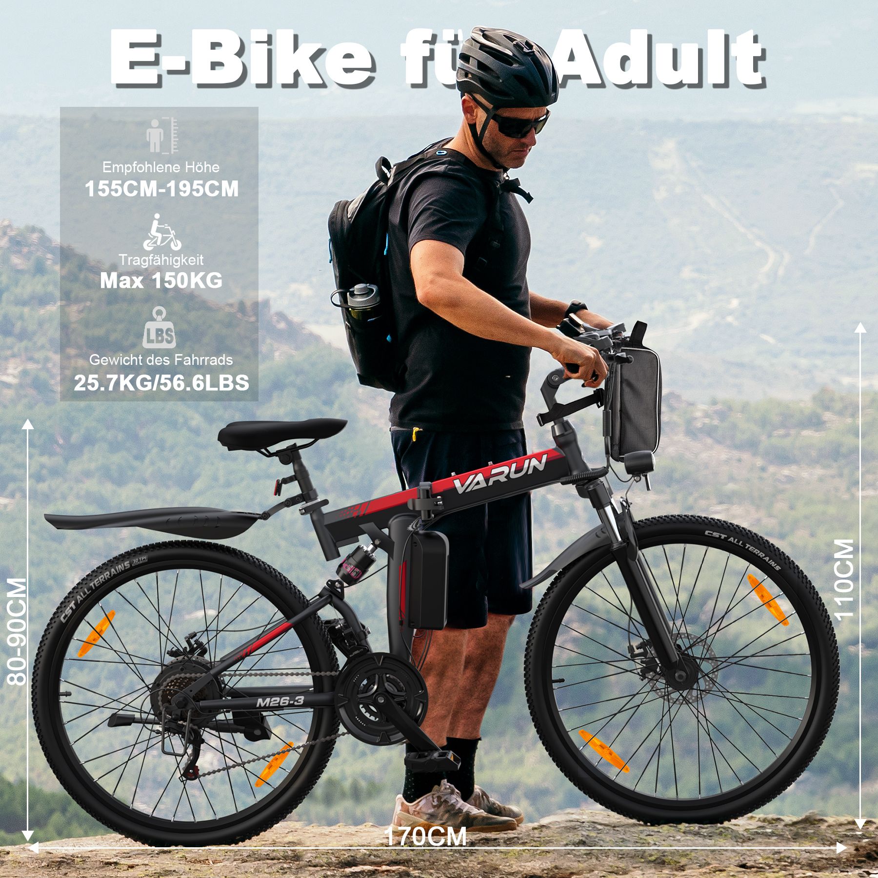 E-bike voor volwassenen. Aanbevolen lengte 155-195cm, max. 150kg, gewicht 25,7/56,6lbs. Afmetingen.