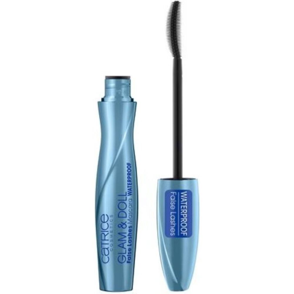 Blauwe mascara tube en borstel. Opschrift: Glam & Doll, False Lashes Mascara Waterproof. Zwarte borstel.