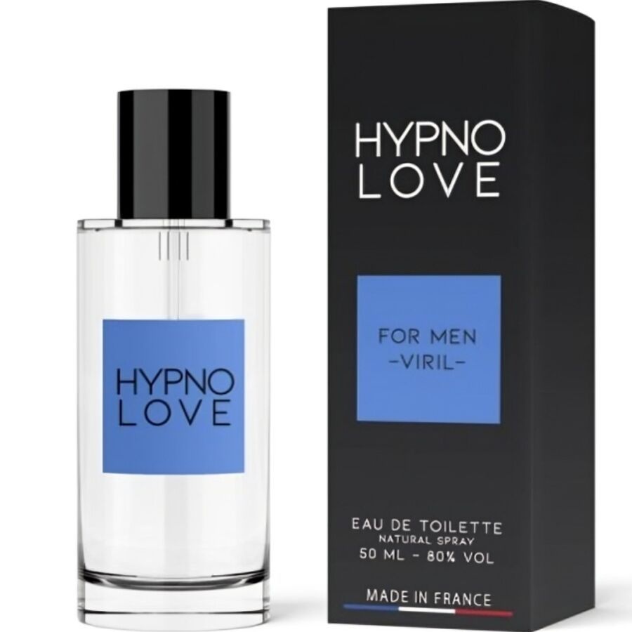 Hypno Love Eau de Toilette pour homme, 50 ml. Flacon en verre transparent avec bouchon noir et étiquette bleue. Boîte noire.