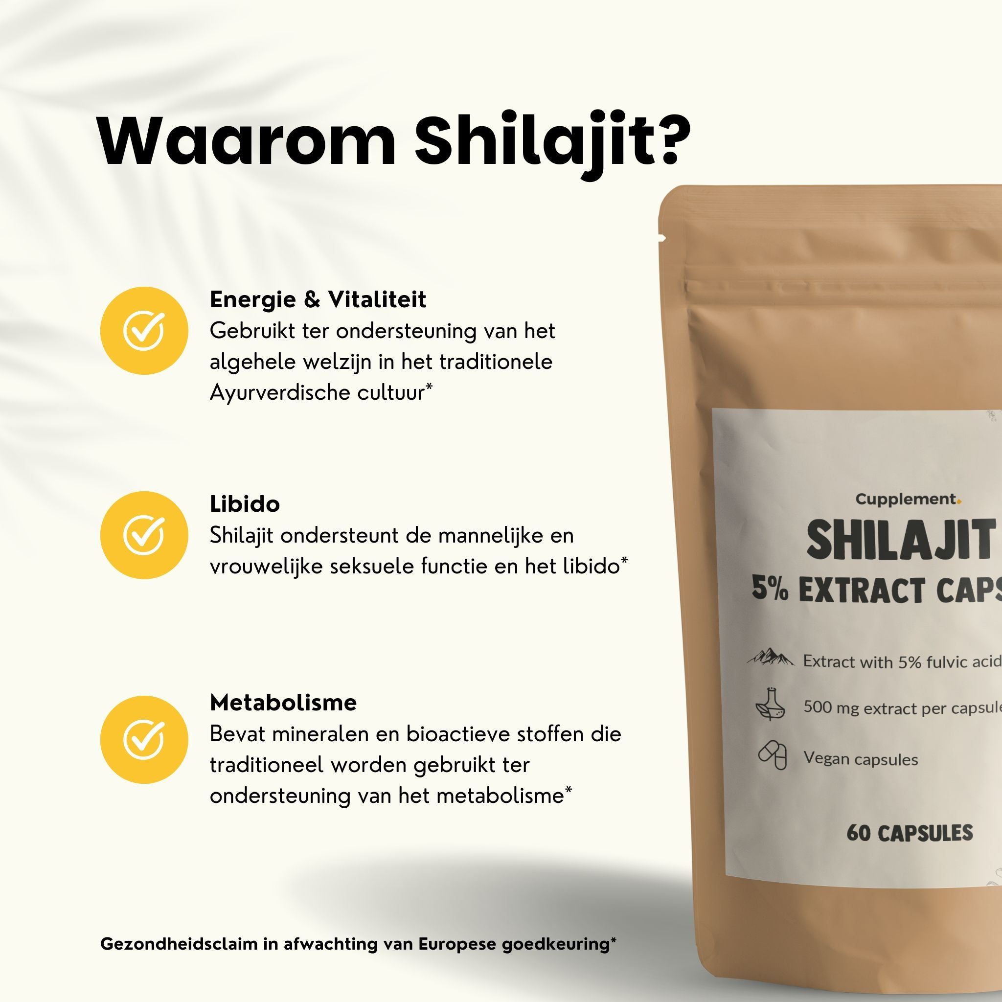 Zakje Shilajit extract capsules. Tekst: Cupplement Shilajit 5% extract Capsules, 60 capsules.