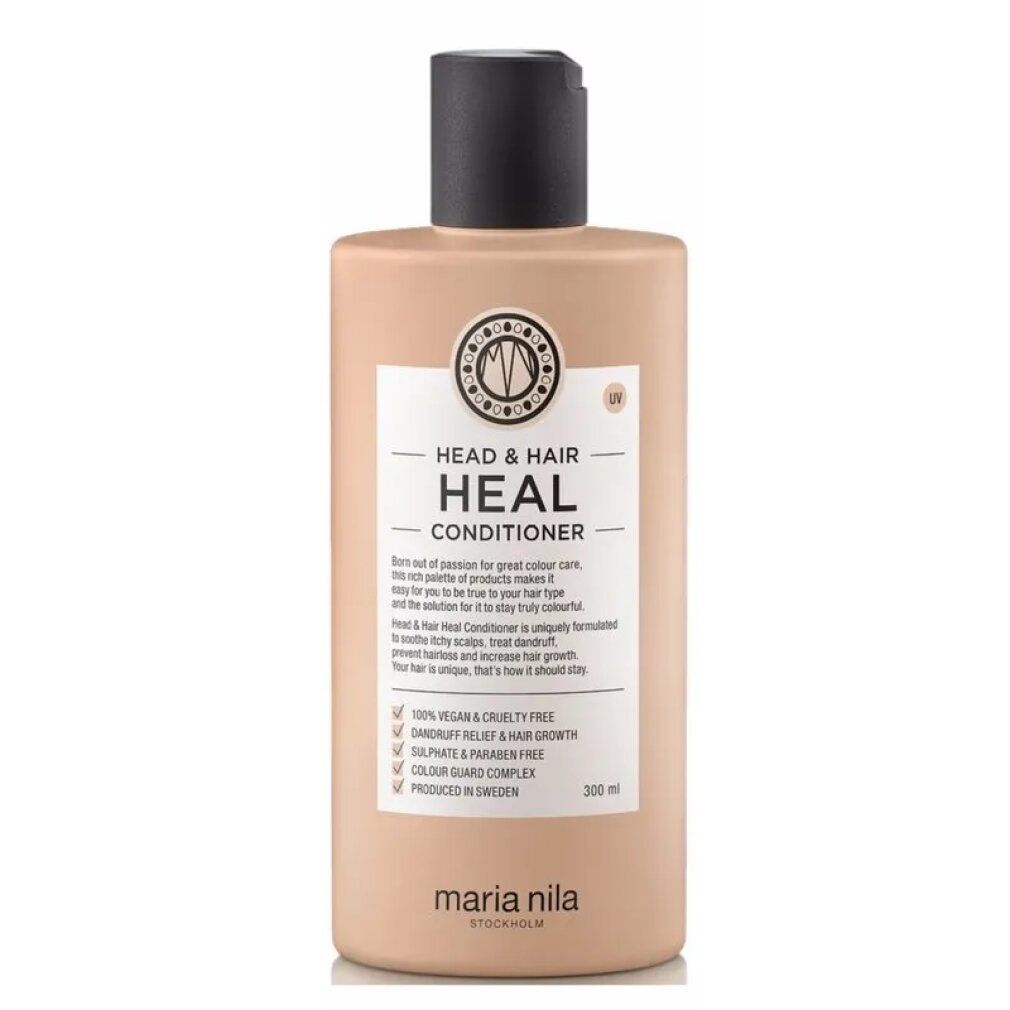 Flacon beige à bouchon noir. Inscription: HEAD & HAIR HEAL CONDITIONER. Marque: Maria Nila. 300 ml.