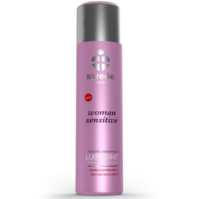 Paarse fles met zilveren dop, opschrift "swede woman sensitive LUBRICANT".