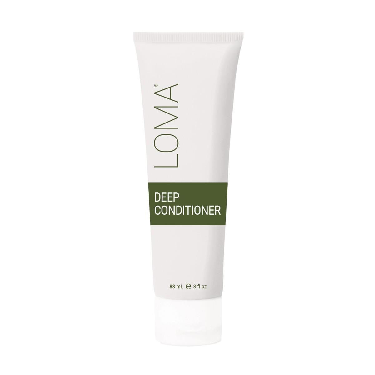 Tube blanche avec bande verte. Texte: LOMA, Deep Conditioner, 88 ml.