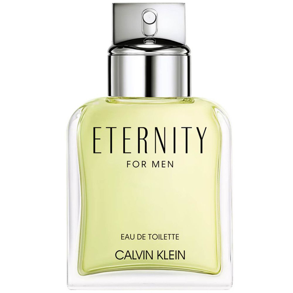 Flacon carré avec bouchon argenté. Inscription: ETERNITY FOR MEN, Eau de Toilette, CALVIN KLEIN. Liquide jaunâtre visible.