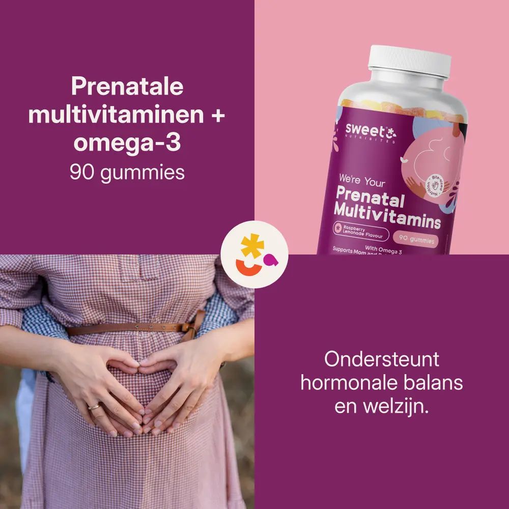 Advertentie voor prenatale multivitaminen. Fles met 90 gummies. Tekst: hormonale balans.