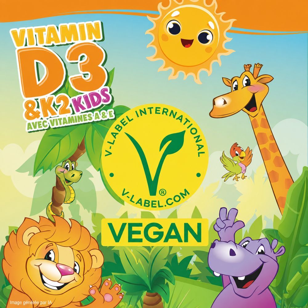 Flacon et boîte de gouttes Vitamine D3+K2 pour enfants, avec animaux de dessin animé, soleil et V-Label.