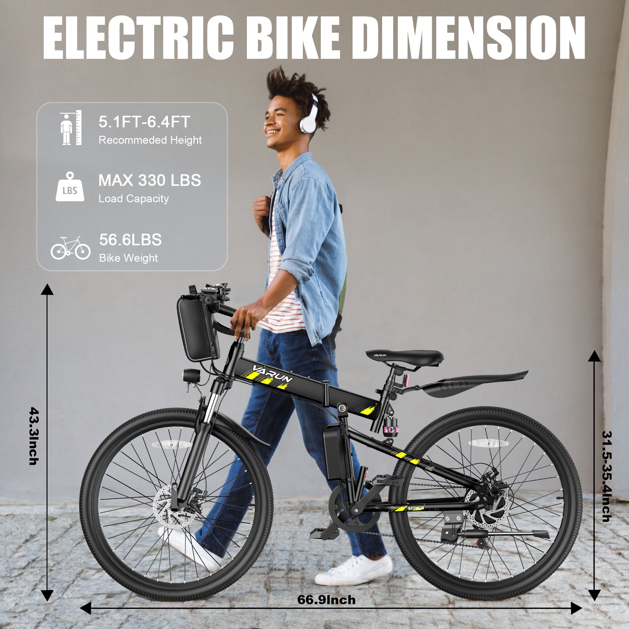 Zwarte, opvouwbare elektrische fiets. Afmetingen: 66,9 inch lang, 43,3 inch hoog, 31,5-35,4 inch hoog. Tekst: 5.1FT-6.4FT, MAX 330 LBS, 56.6LBS.