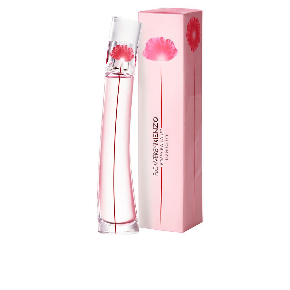 Flacon de parfum et emballage. Flacon avec fleur rouge, liquide rose. Emballage rose, avec fleur et texte.