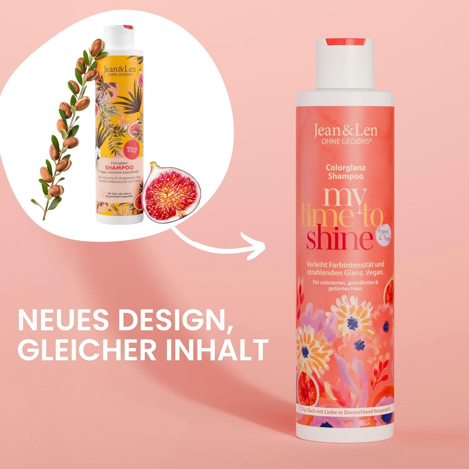 Vergelijking van twee shampooflessen. Tekst: Nieuw design, zelfde inhoud. Opschrift: Jean & Len, Color Gloss Shampoo.