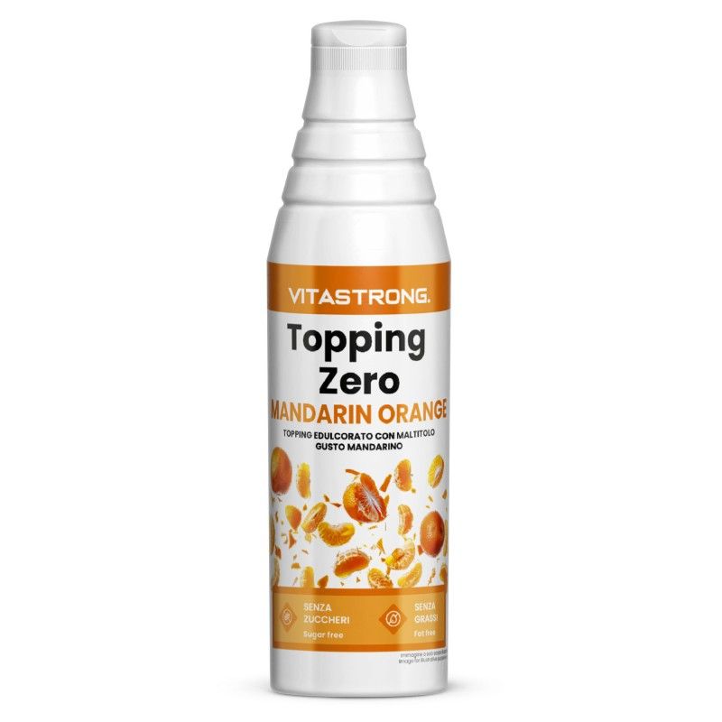 Witte fles Vitastrong Topping Zero Mandarin Orange. Opschrift: Zonder suiker, zonder vet. Illustratie van mandarijnpartjes.