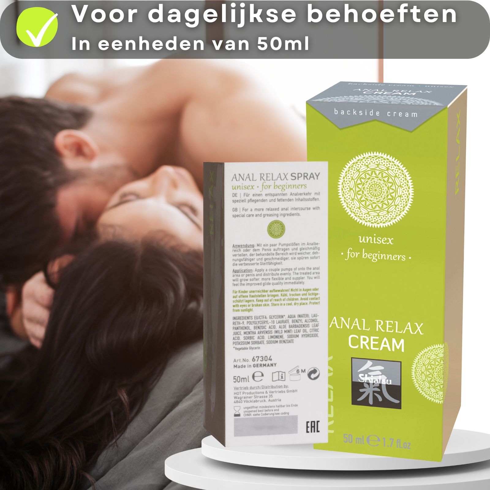 Groene tube. Tekst: ANAL RELAX CREAM, unisex for beginners. Logo. Roze dop. 50 ml. Vinkje. Paar op de achtergrond.