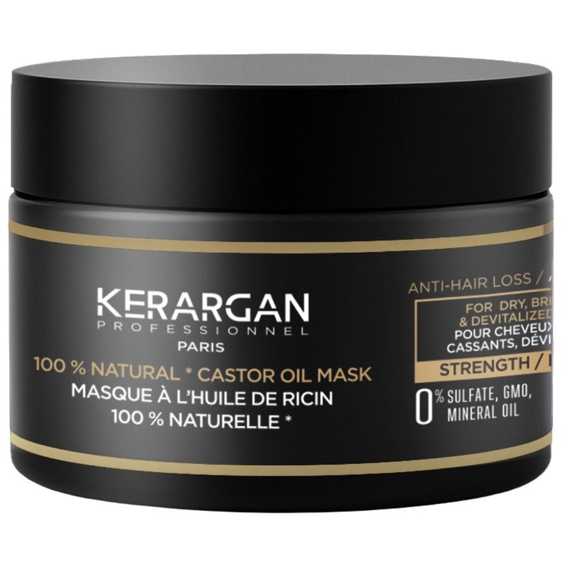 Zwarte pot met gouden rand. Opschrift: Kerargan, 100% Natural Castor Oil Mask. Anti-haaruitvalmasker.