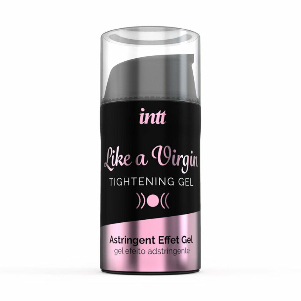Flacon cylindrique avec étiquette noire et texte rose. Inscription: INTT, Like a Virgin Tightening Gel.