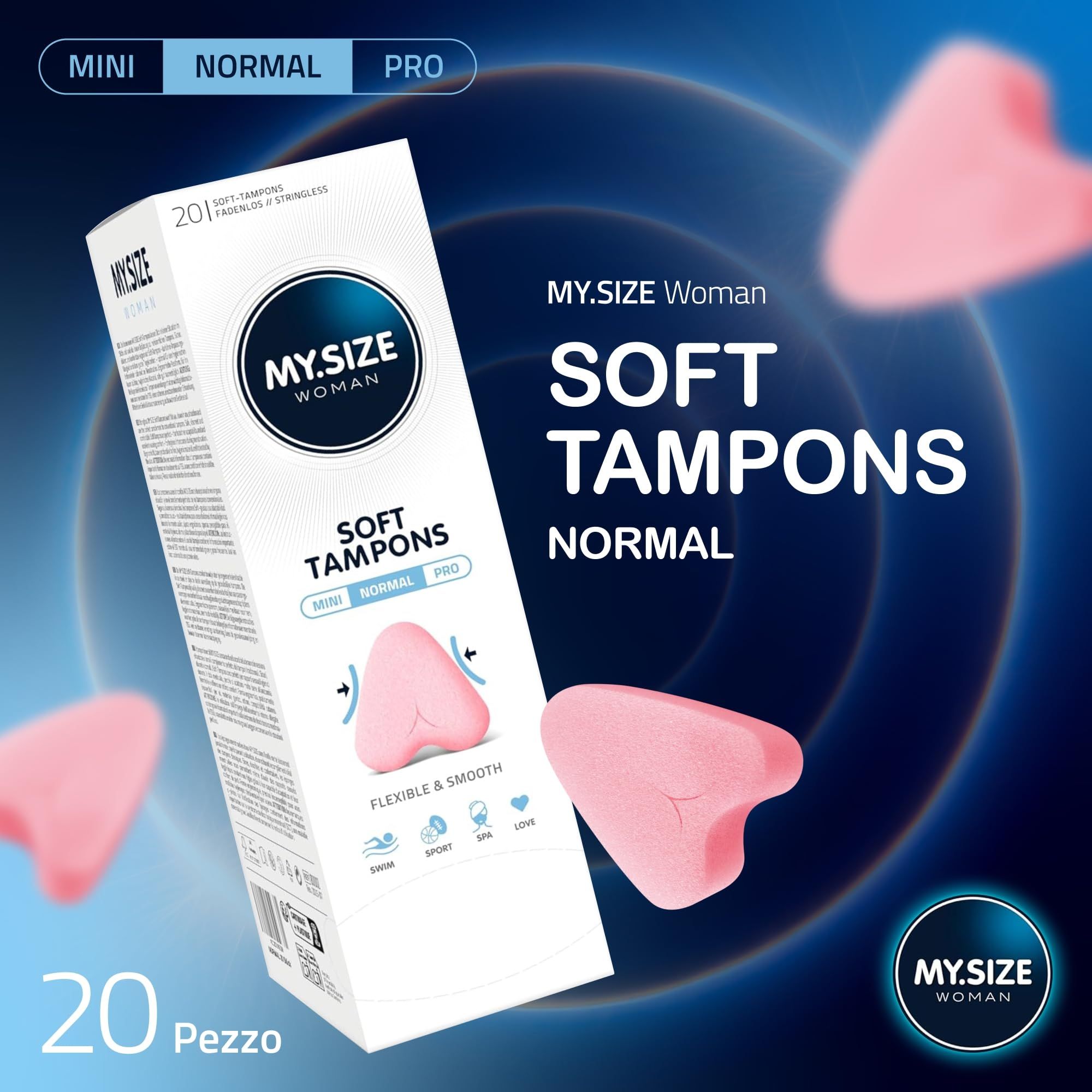 Emballage MY.SIZE Woman Soft Tampons Normal, 20 pièces. Tampons roses présentés en suspension.