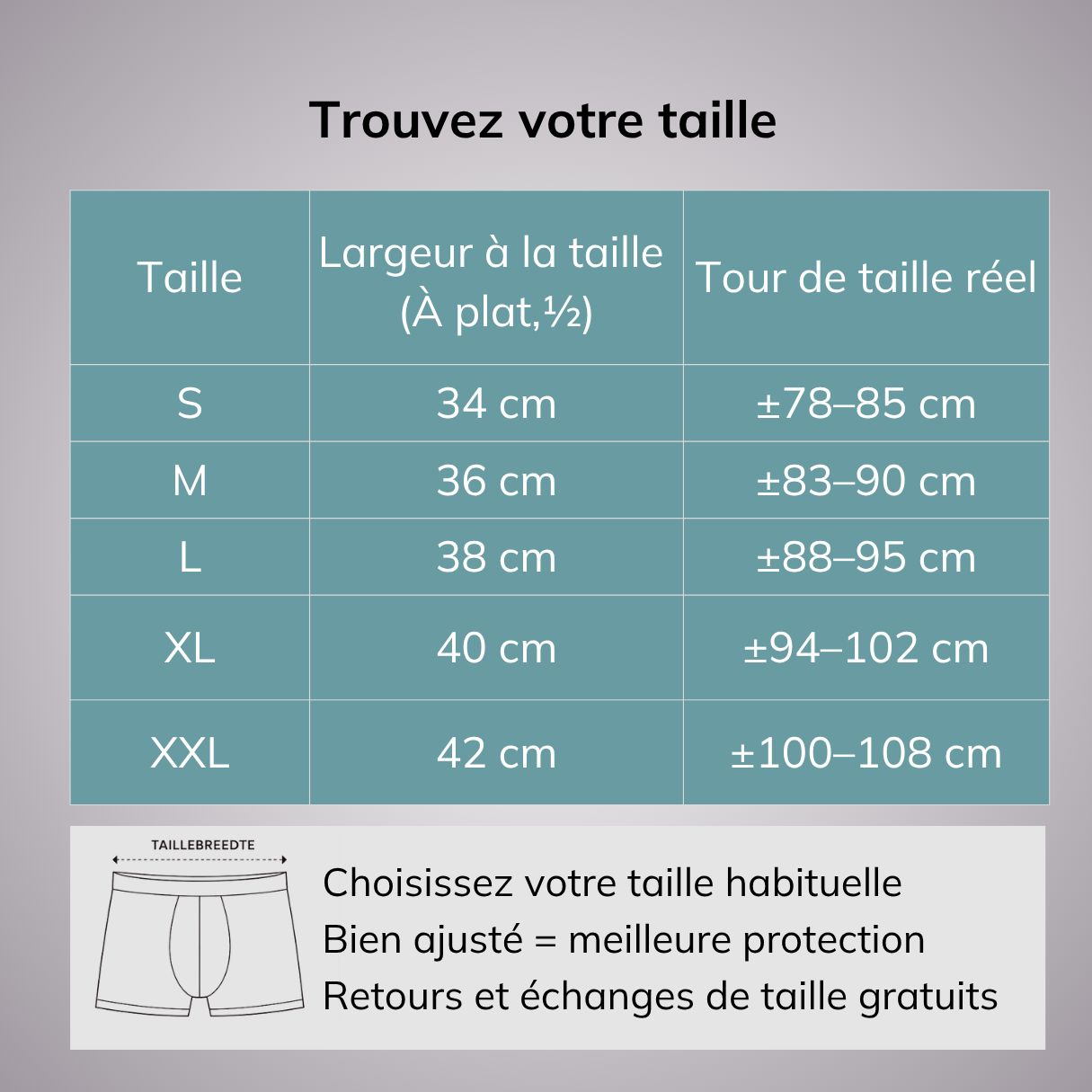 Tableau des tailles pour boxer homme: S-XXL. Mesures largeur à plat et tour de taille.
