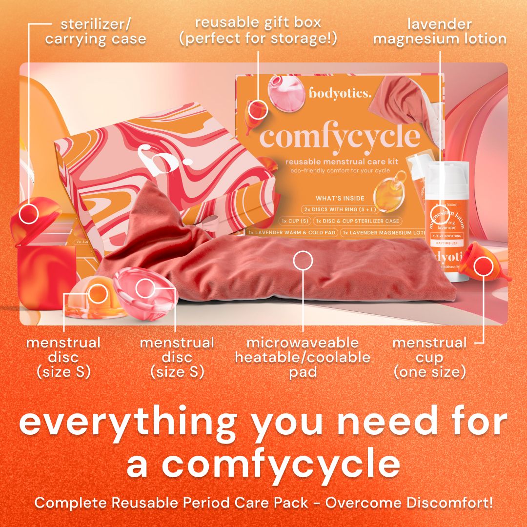 Kit de soins menstruels ComfyCycle : pochette, coussin, lotion, coupe, disques.