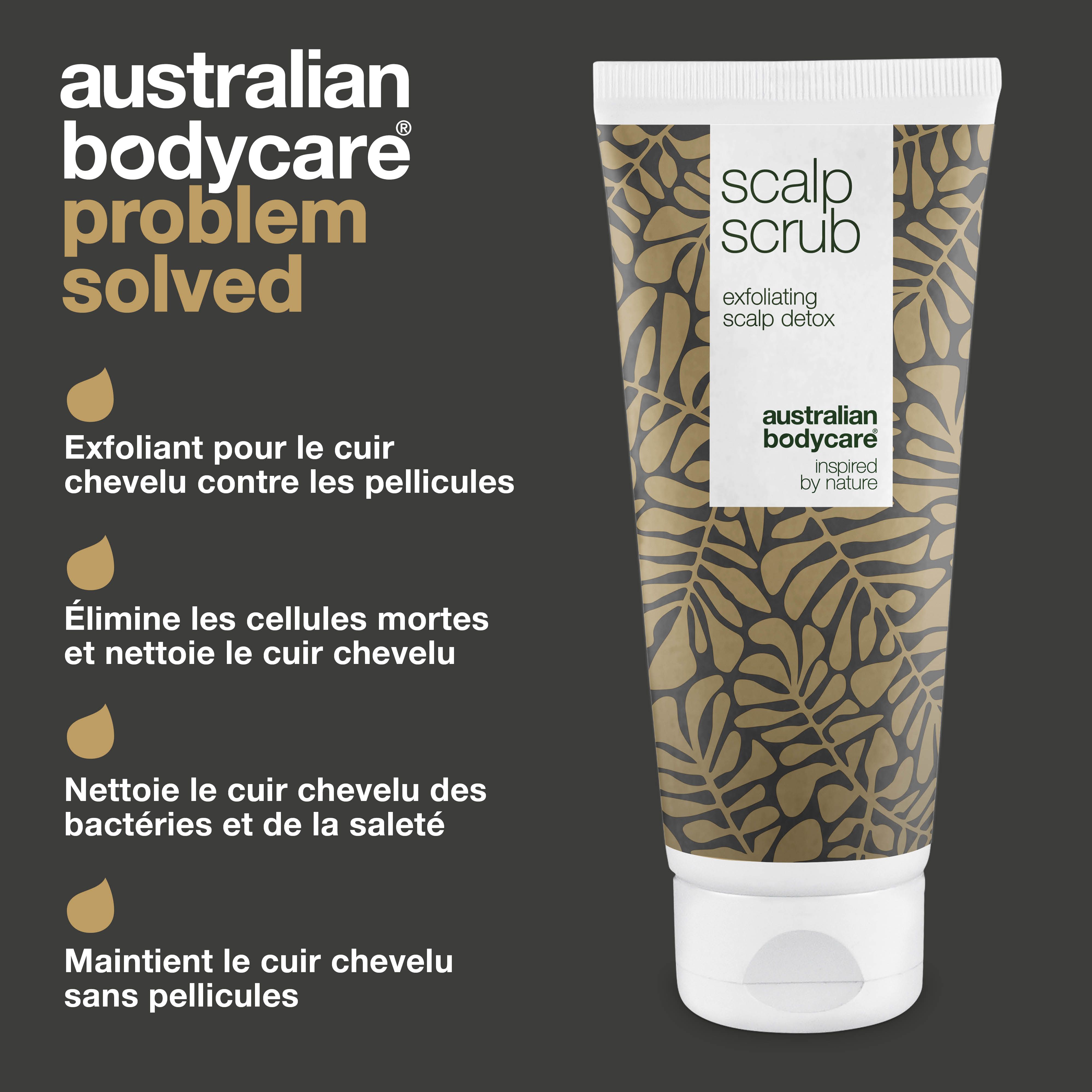 Tube de produit. Texte : Australian Bodycare, Problème résolu. Bon pour les pellicules, les boutons ou le cuir chevelu sec.