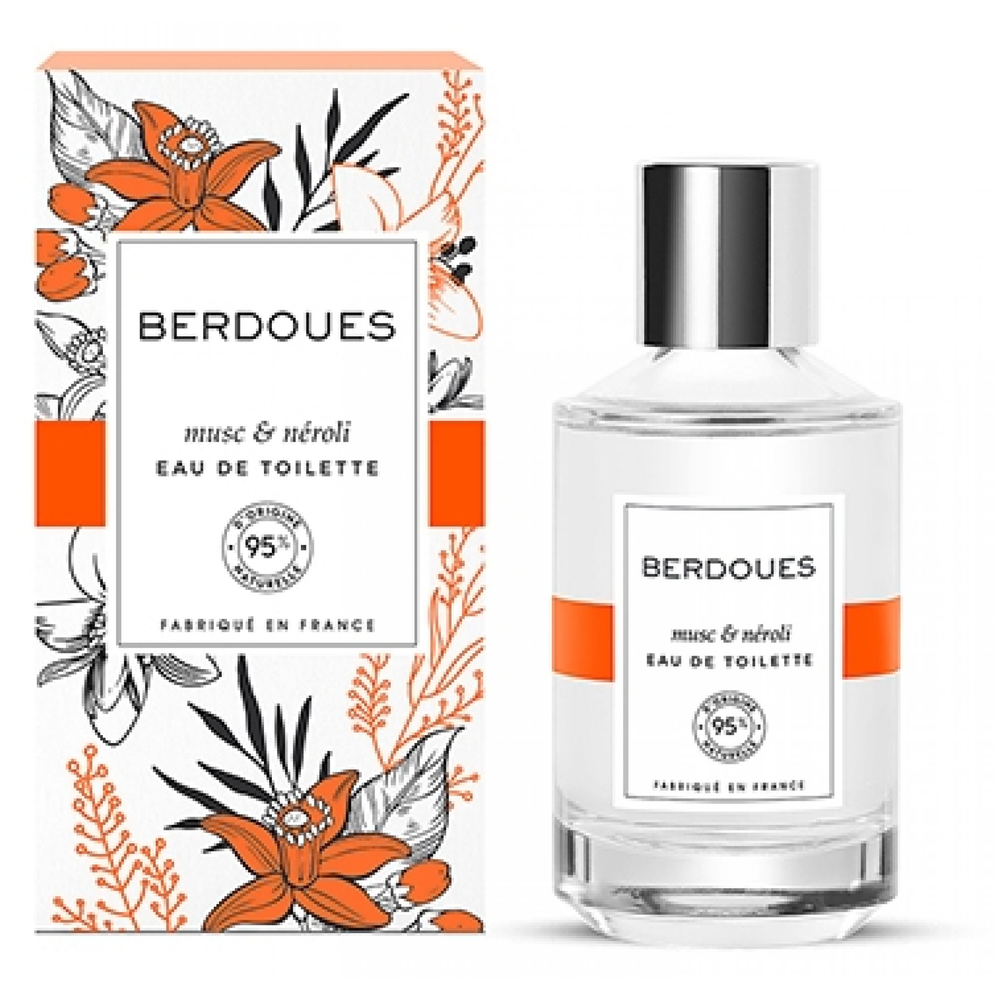 Flacon et emballage Berdoues Musc & Néroli Eau de Toilette avec motif floral orange.