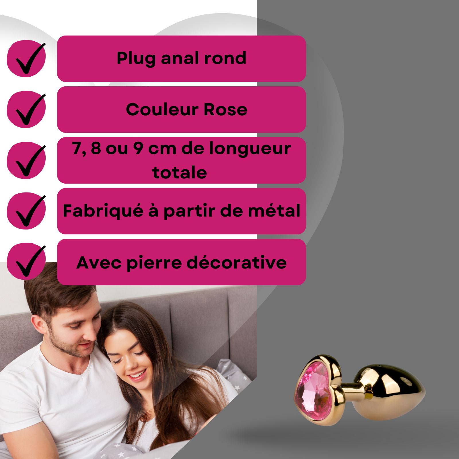 Informations produit: Plug anal, couleur rose, longueur 7,8 ou 9 cm, métal, avec pierre décorative.