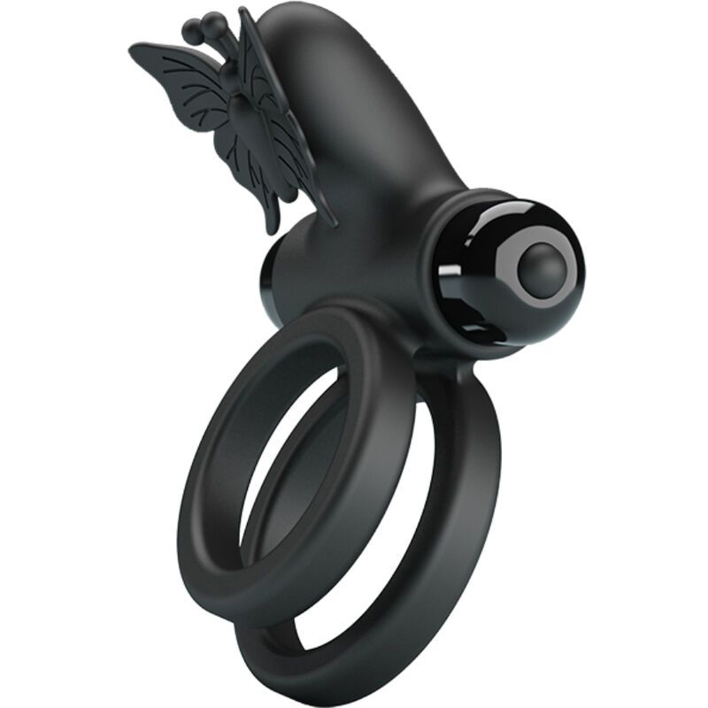 Zwarte dubbele penisring vibrator met vlinderdetail, schuin van de zijkant.