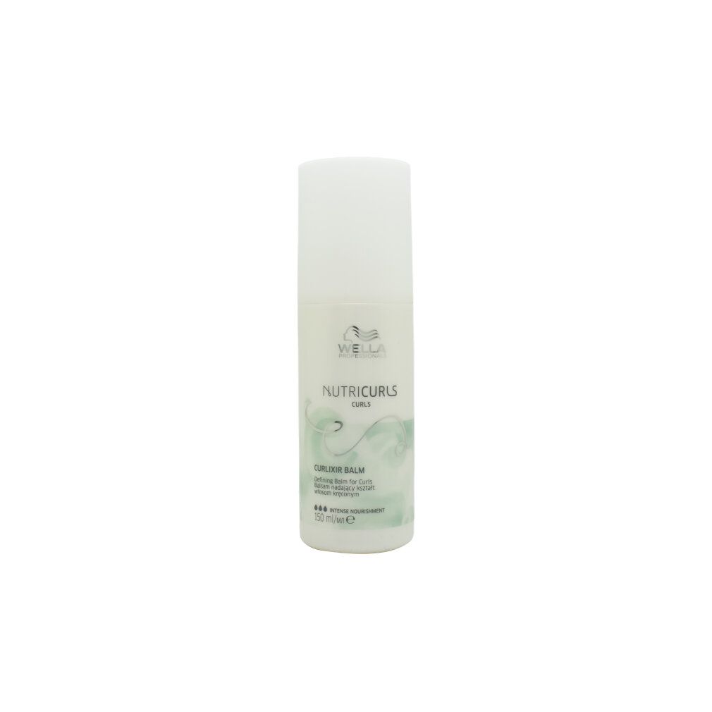 Flacon blanc avec bouchon. Inscription: Wella Nutricurls Curlixir Balm. Accents verts et texte.