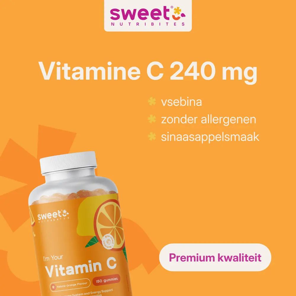 Vitamine C 240 mg, 150 gummies, zonder allergenen, sinaasappelsmaak. Flesje gummies. Premium kwaliteit.