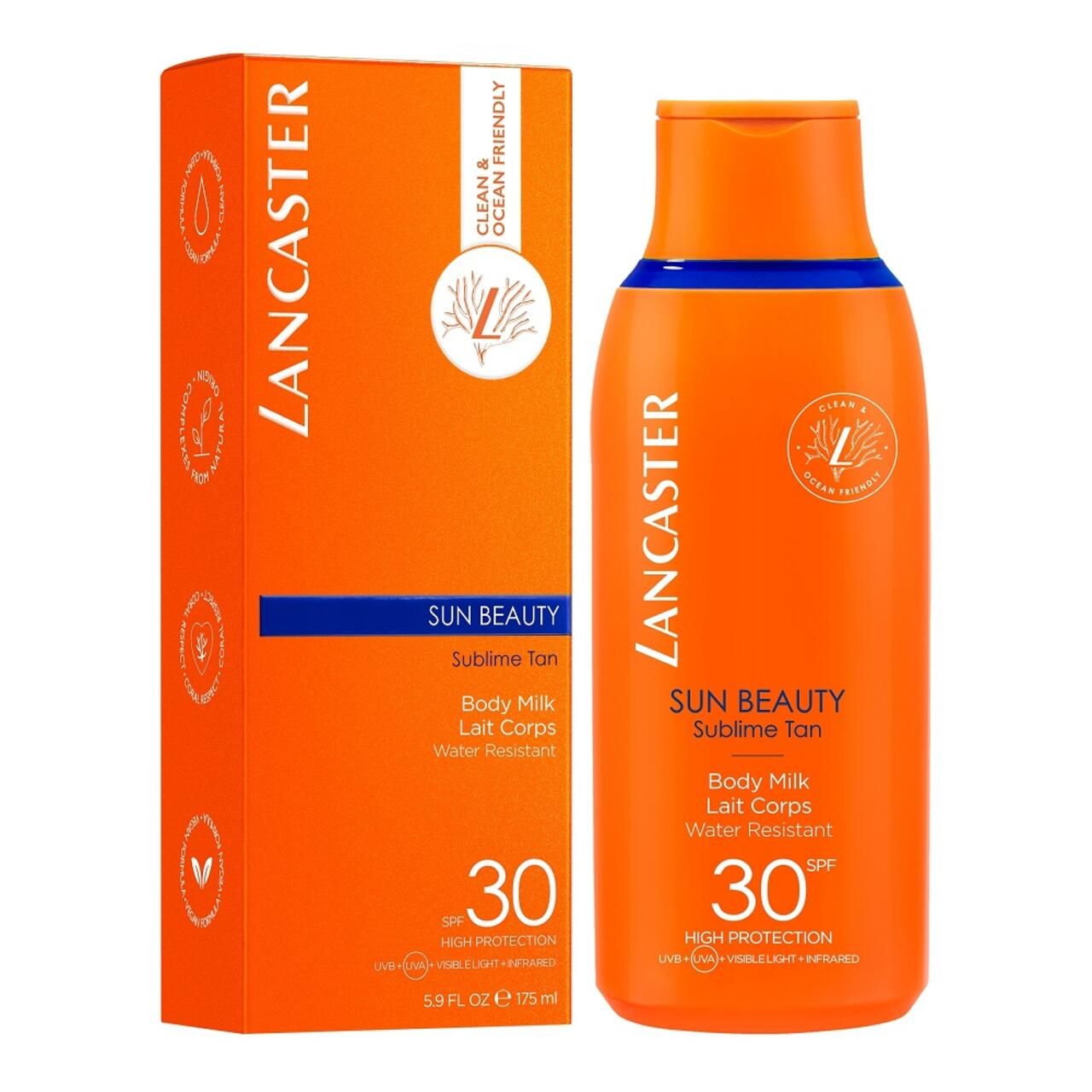 Bouteille et emballage orange. Nom du produit et SPF 30 visibles. Texte: Lancaster, Sun Beauty, Body Milk, Water Resistant.