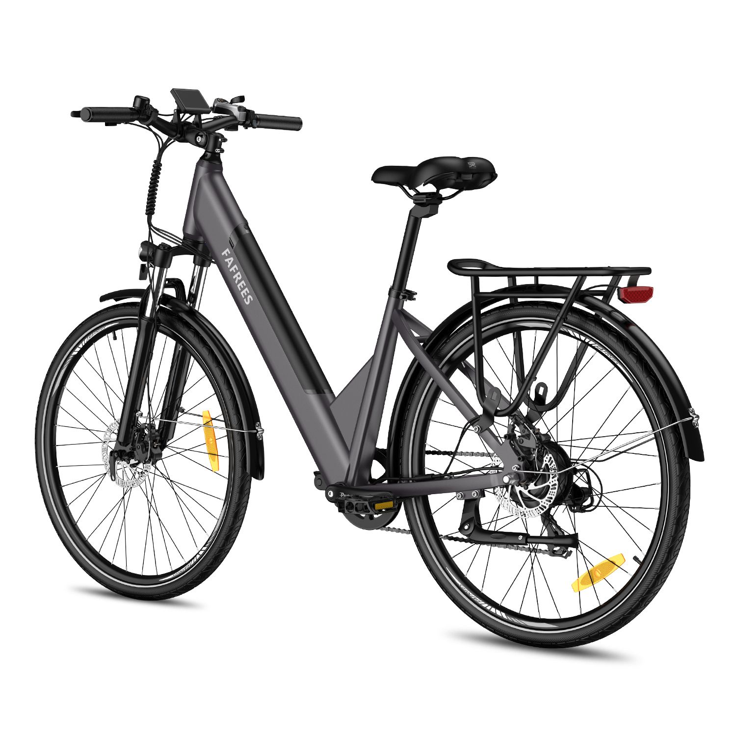 Vélo électrique gris FAFREES avec porte-bagages et garde-boue. Pneus noirs avec détails jaunes.