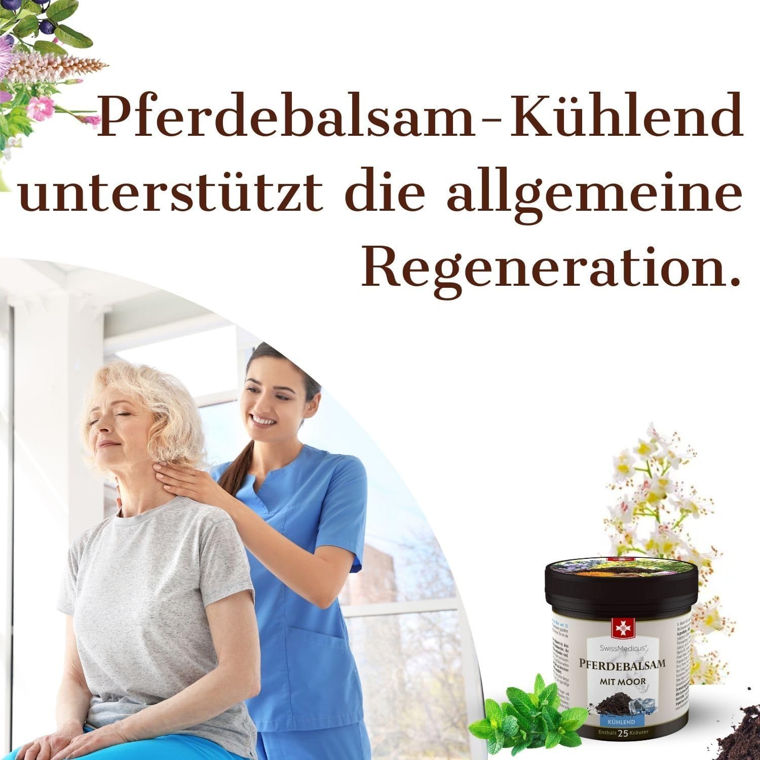 Productpot, daarnaast vrouw krijgt nekmassage. Tekst: Pferdebalsam-Kühlend ondersteunt de algemene regeneratie.