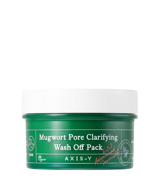 Groene pot met witte deksel. Opschrift: Mugwort Pore Clarifying Wash Off Pack. Merk AXIS-Y.