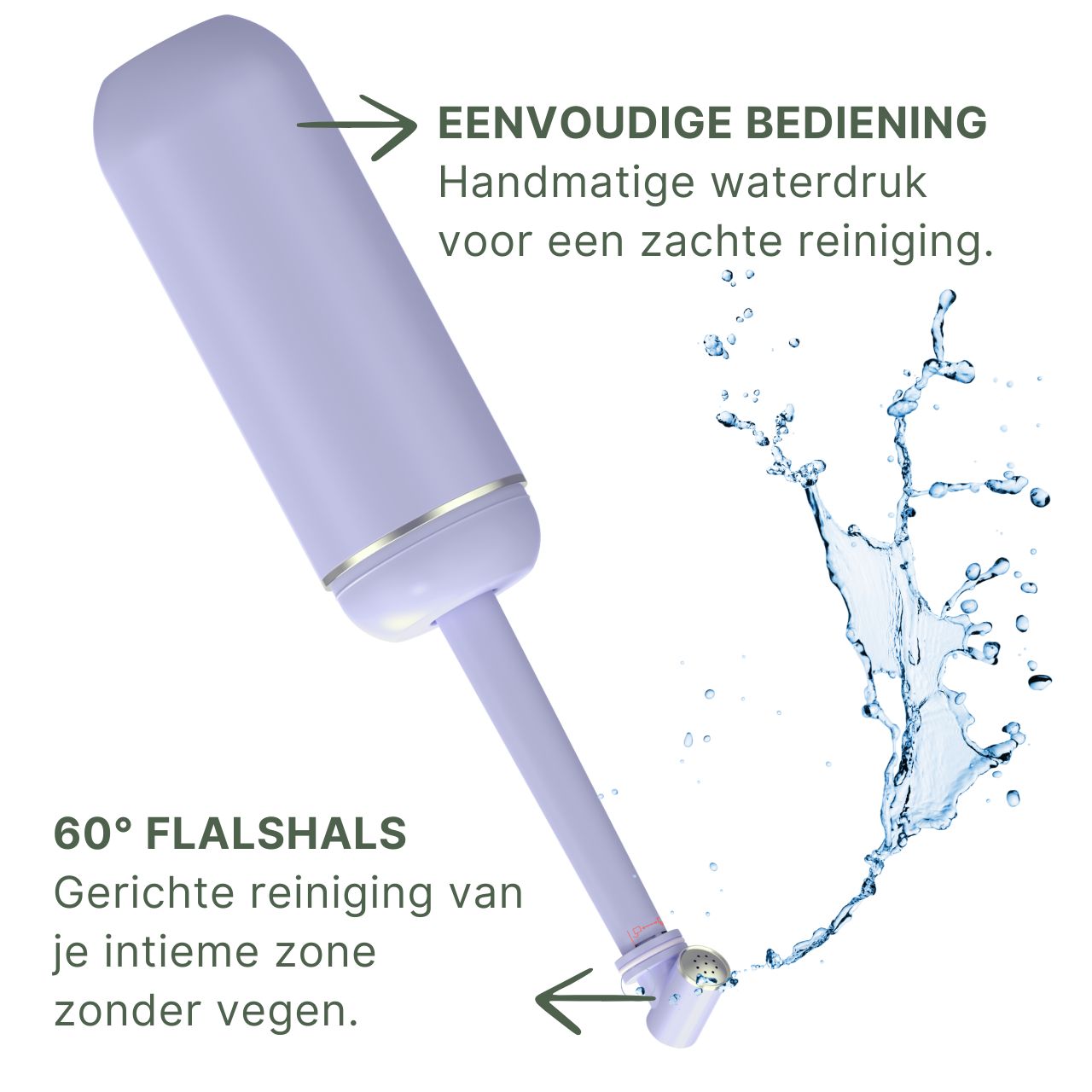 Paarse intieme douche. Tekst: Eenvoudige bediening. Handmatige waterdruk. 60° flessenhals. Gerichte reiniging zonder vegen.